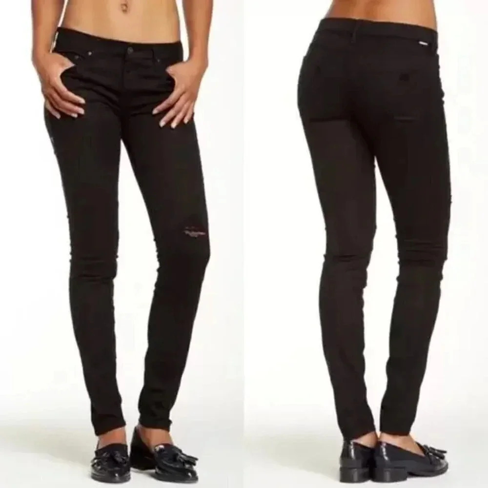 Mother Distressed Knee High Rise Black Looker  Jeans
